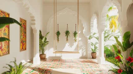 Sunlit patio with swing, plants, and Moroccan design.