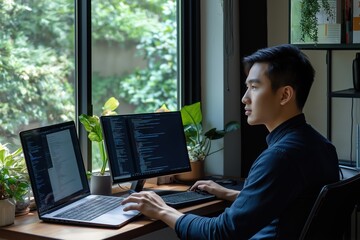 Man working on laptop and desktop computer in modern workspace, natural light, plants in background