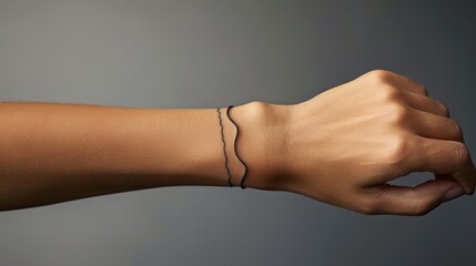 Close-up of a woman's wrist wearing a thin black bracelet.