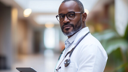 Obraz premium Confident middle-aged Black doctor wearing a white coat with a stethoscope, holding a tablet, looking professional and approachable in a modern medical environment
