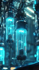 Futuristic Technology with Glowing Blue Cylinders in a High-Tech Environment, Showcasing Advanced Robotics and Innovative Design for Science and Industry