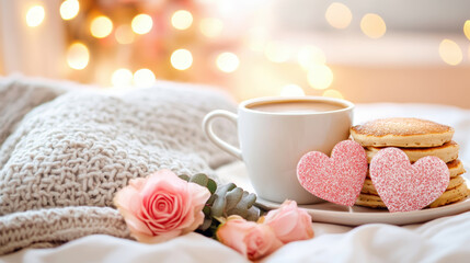 cozy breakfast in bed featuring heart shaped pancakes, cup of coffee, and pink roses, creating romantic and warm atmosphere with soft lighting