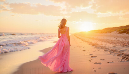 Women wearing pink. Woman in flowing pink gown walking along sandy beach at sunset
