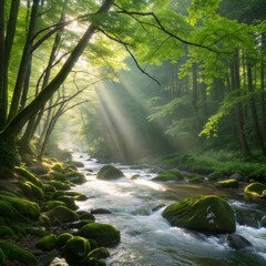 A stream of water flows through a forest. The water is clear and the sun is shining on it