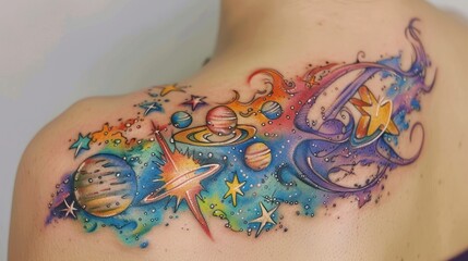 Naklejka premium Colorful watercolor galaxy tattoo on woman's shoulder.