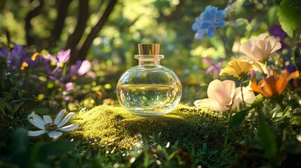 A delicate glass perfume bottle surrounded by colorful flowers in a lush green forest. Nature embraces this beautiful scent.