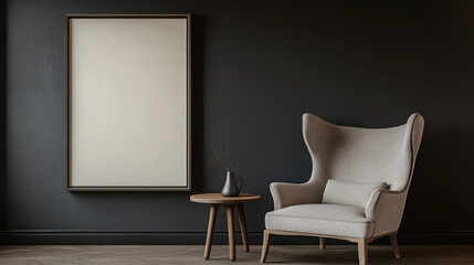 A stylish chair and a mockup are set against a dark wall