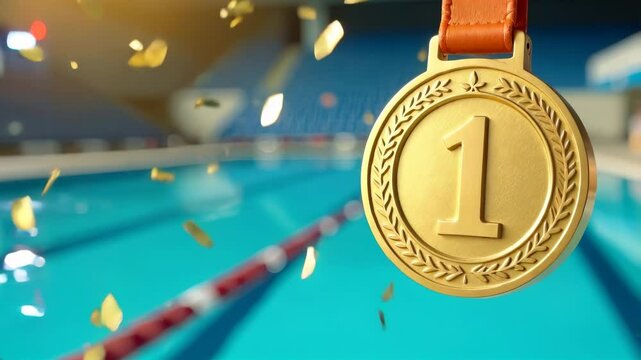 Gold medal for first place against the backdrop of an Olympic swimming pool.