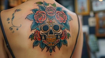 Woman's back with colorful sugar skull and roses tattoo.