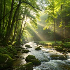 Fototapeta premium A stream of water flows through a forest. The water is clear and the sun is shining on it