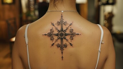 Obraz premium Ornate compass tattoo on woman's back.