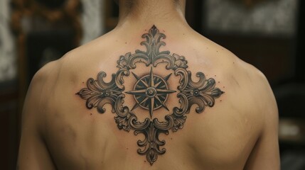 Ornate compass rose tattoo on upper back.