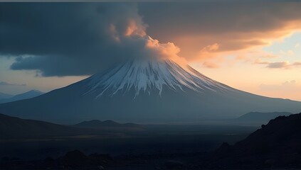 Fototapeta premium A snow-capped volcano at sunset, shrouded in dramatic clouds. The golden light paints the sky, creating a breathtaking scene of serene power.