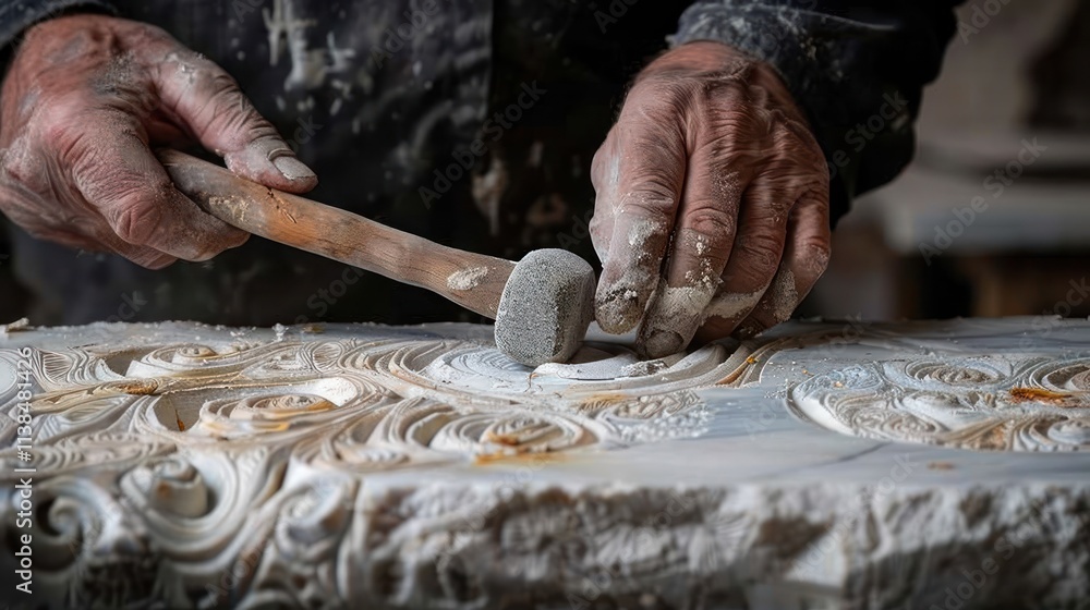 Poster close-up of artisan hands using a hammer and chisel to carve intricate details into a marble slab.