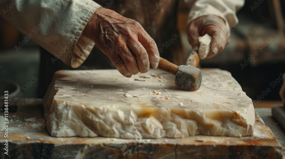 Poster close-up of hands sculpting stone with hammer and chisel.