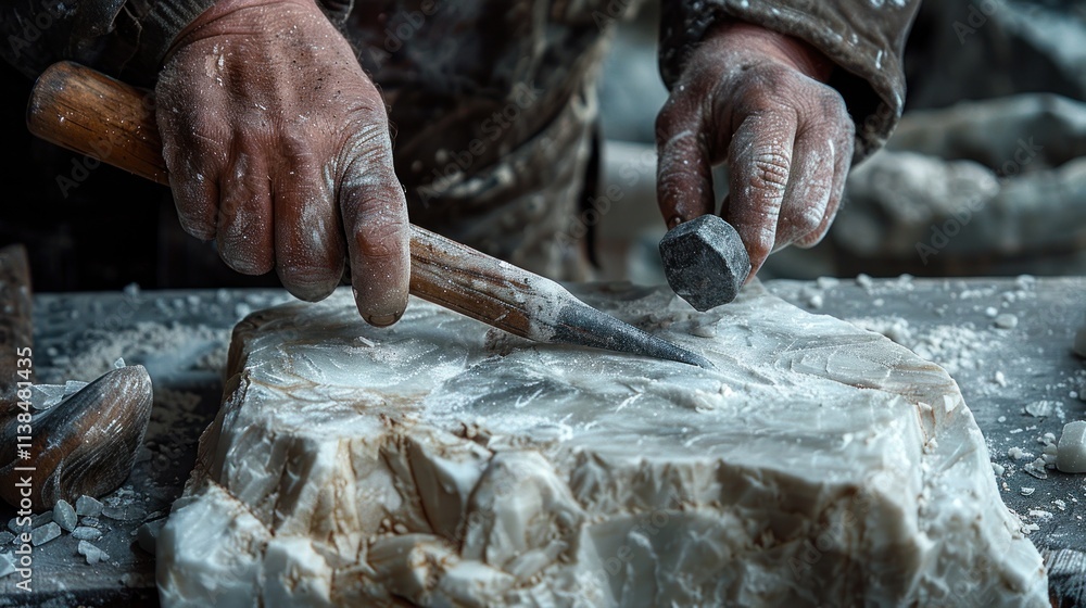 Poster close-up of hands sculpting stone with chisel and hammer.