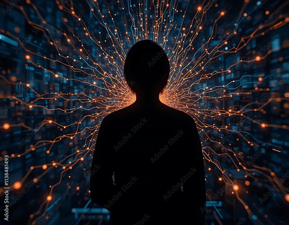 Poster a network node silhouette with glowing data streams flowing outwards