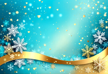 A delicate blue background with a festive holiday atmosphere with snowflakes and golden ornaments.
