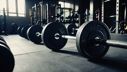 Dumbbells on the gym floor with fitness equipment and weights