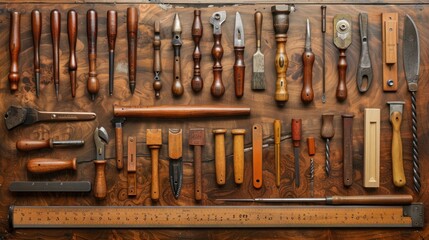 Collection of vintage woodworking tools arranged on a wooden surface.