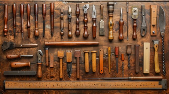 Collection of vintage woodworking tools arranged on a wooden surface.
