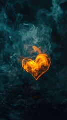Captivating Heart Shaped Flame Surrounded by Mystical Smoke Creating a Striking Visual of Passion and Emotion in a Dark Background