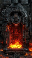 Fototapeta premium Fiery Entrance to a Futuristic Industrial Realm with Glowing Lava and Charred Metal Surroundings Evoking a Sense of Danger and Otherworldliness