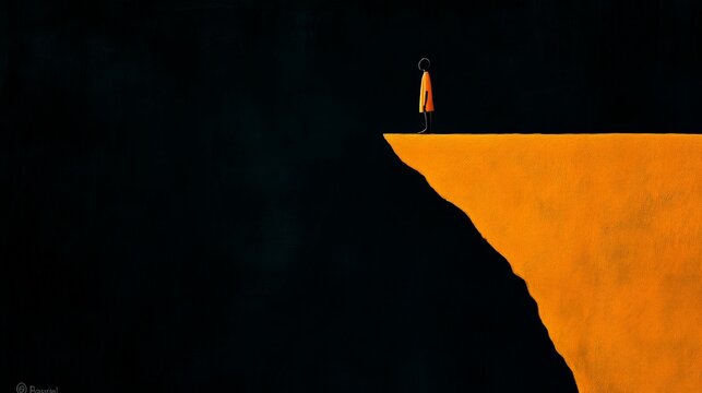 Precarious Existence: A solitary figure stands on the precipice of a vast abyss, their silhouette stark against the orange horizon. An umbrella, a symbol of vulnerability and hope. - Powered by Adobe