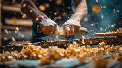 Carpenter hands using a plane, wood shavings flying.