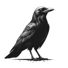 Fototapeta premium A majestic raven, rendered in monochrome, stands on a white background.