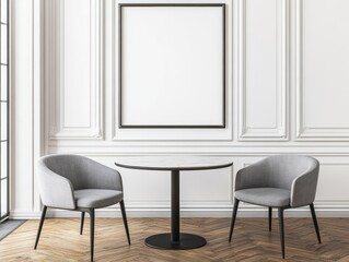 Minimalist Modern Interior Design with Grey Chairs and Empty Frame