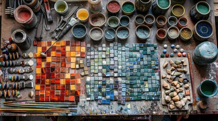 Colorful mosaic tiles and art supplies arranged on a work table.
