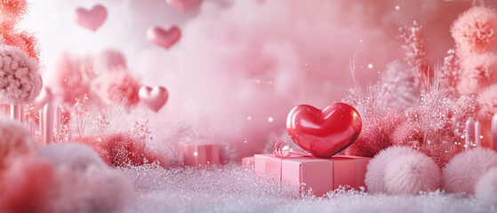 Valentine's day concept banner with hand made gift box, bow, and a lot of hearts on a background with space for text., Red heart, valentine day greeting card. Bokeh background.
