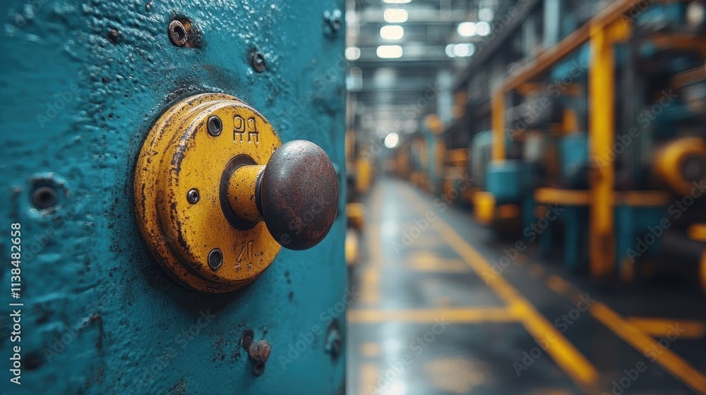 Poster industrial setting featuring a close-up of a control knob in a factory environment.