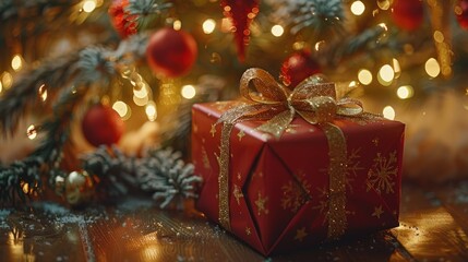 Red gift under Christmas tree with lights.