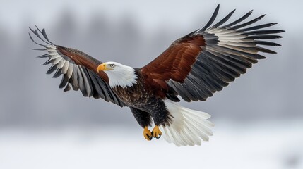 Obraz premium The image depicts a eagle in flight. Its wings are spread wide, showcasing a graceful and dynamic pose. The feathers are predominantly white, with some brown accents on the tips of the wings