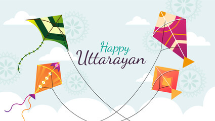 Naklejka premium Colorful kites flying in the sky with the words Happy Uttarayan in a festive font White clouds add serenity to the scene capturing the joy vibrant colors and celebratory mood of the festival