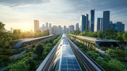 Fototapeta premium A futuristic solar-powered high-speed train with photovoltaic panels on its roof, zooming along tracks surrounded by sustainable infrastructure and green spaces