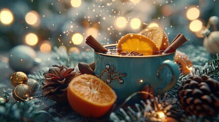 Festive mulled wine in teal mug with oranges, cinnamon, and pine.