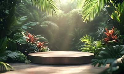 A polished 3D podium set in a serene tropical paradise, framed by exotic foliage