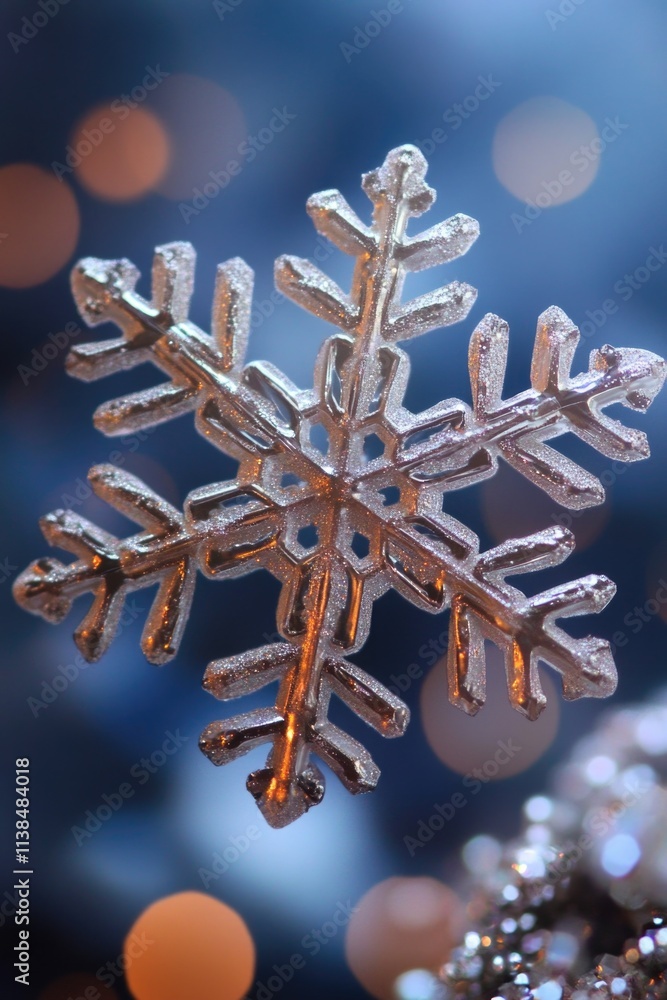 Aufkleber A detailed view of a unique snowflake on a table, suitable for use in educational materials or as a design element