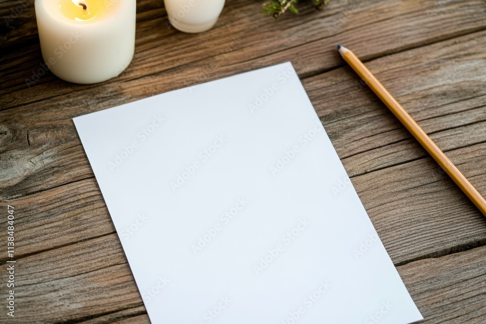 Poster a simple still life image featuring a white sheet of paper and a pencil