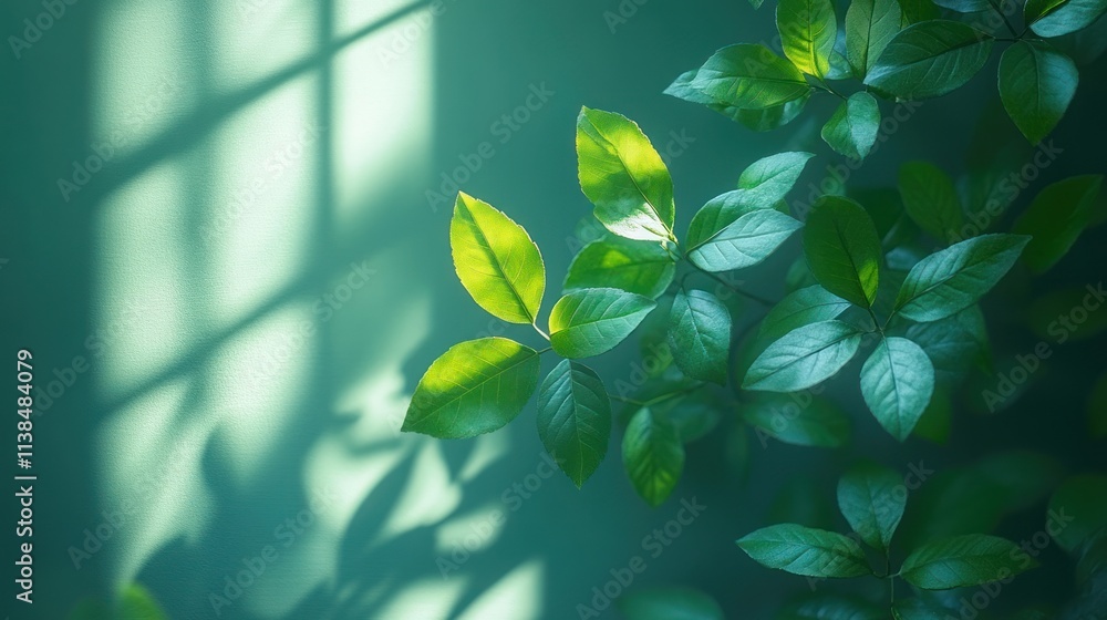 Poster lush green leaves casting shadows on a textured wall, creating a serene atmosphere.