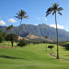 A golf course with a green grassy area and a sand-covered area. The sand is on the left side of the course