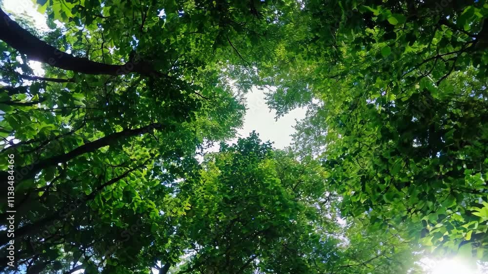 Poster looking up at the lush green canopy of forest trees under cloudy sky, camera looks up andes slowly u
