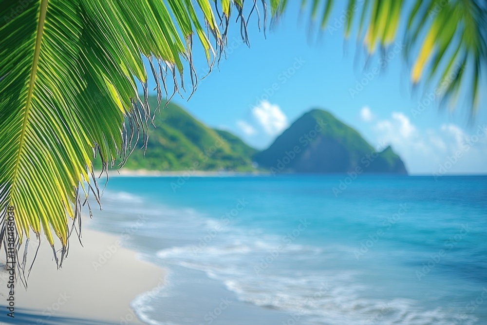 Poster coastal scenery with a mountain range visible in the distance, suitable for travel or adventure conc