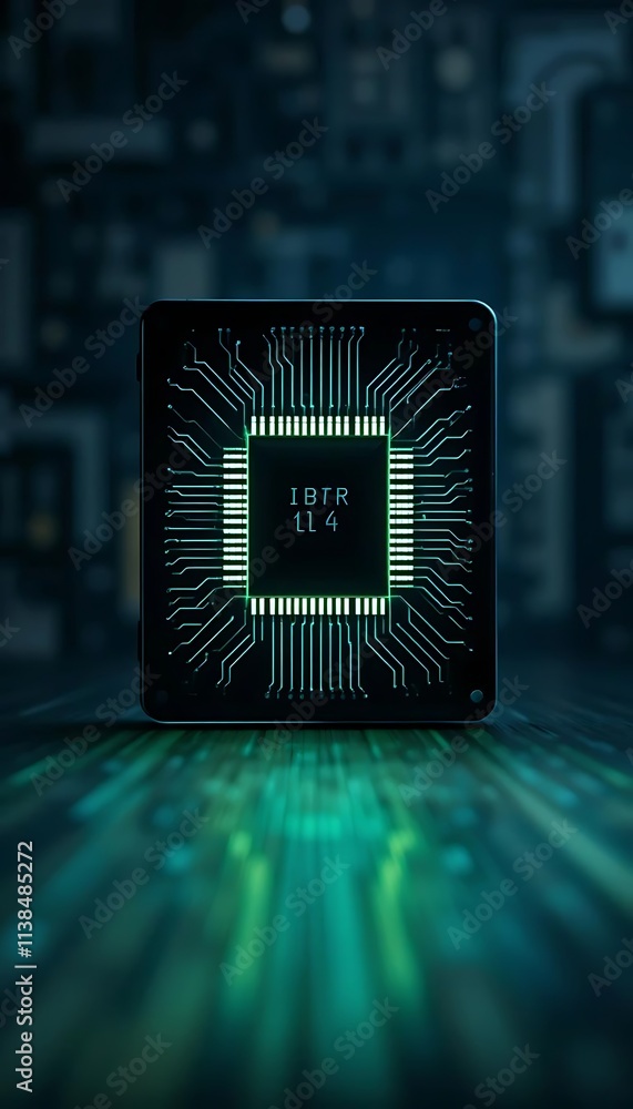 Poster silhouette of a computer chip glowing in a dark background