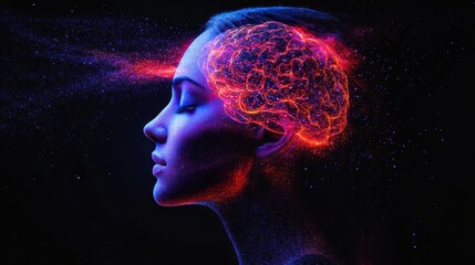 Obraz premium profile of a woman, with a focus on her head and brain. The brain is illustrated in a glowing, intricate design, resembling a network of connections and neural pathways