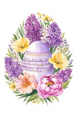 Easter egg surrounded by blooming flowers in watercolor illustration celebrating springtime beauty