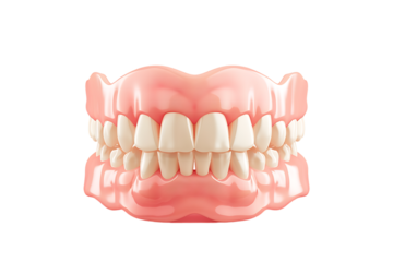 A pair of dentures, isolated against a transparent background, highlighting their realistic design and dental features